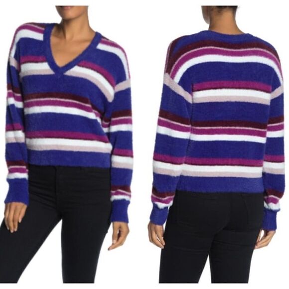 Splendid Multicolor Striped Fuzzy Eyelash Soft V-Neck Sweater size XS - Picture 1 of 11